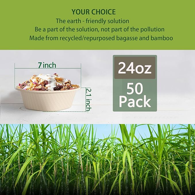 Homestockplus [50 Pack] 24 Oz Disposable Paper Bowls - Heavy Duty Disposable Bowls - Made from Natural Bagasse for Cereal, Rice, French Fries - Convenient and Compostable
