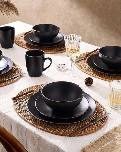 Famiware Venus 16-Piece Stoneware Dinnerware Sets with Mugs, Plates, Bowls, Service for 4, Matte Black - Modern Ceramic Chip‑Resistant Dishes for Everyday & Formal Use, Microwave & Dishwasher Safe