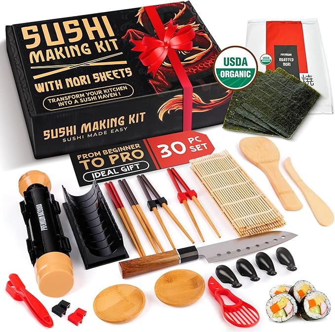 30 Pcs Sushi Making Kit – Sushi Bazooka Maker Kit with Nori Sheets for Sushi, Bamboo Rolling Mat, Easy DIY Roller Set for Beginners at Home, USDA Organic