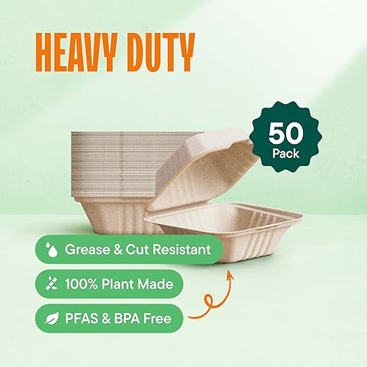 100% Compostable Clamshell Take Out Food Containers [6x6" 50-Pack] Heavy-Duty Quality to go Containers, Natural Disposable Bagasse, Eco-Friendly Biodegradable Made of Sugar Cane Fibers