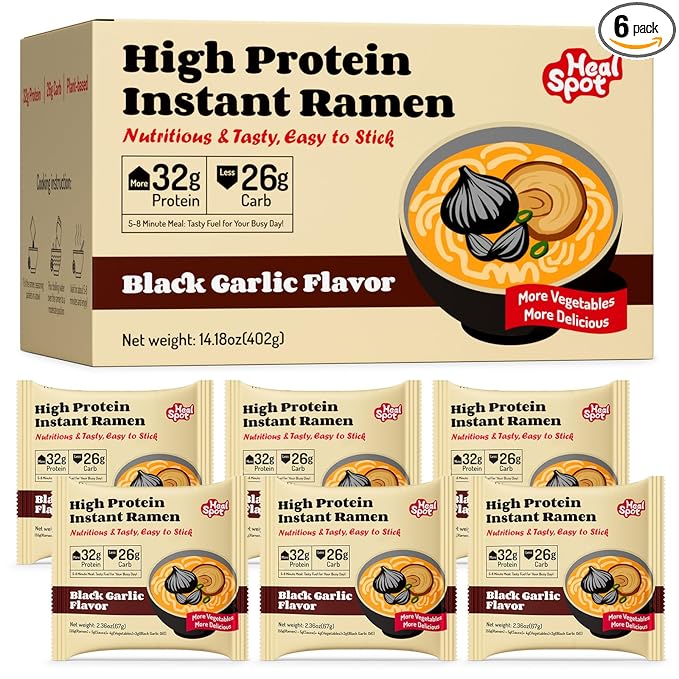 HealSpot High Protein Instant Ramen, 6 Pack Non Fried Ramen Broth, 32g Plant Based Protein, Low Fat, Low Carb, Non GMO, Keto Friendly Plant Based (Black Garlic Classic-Pork Flavor)