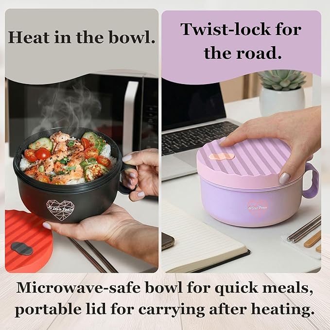 AI LOVE PEACE Soup and Ramen Bowl Set of 2, 40 oz Microwaveable Noodle Bowls with Lids, Dishwasher Safe for Pho, Pasta, Rice, Oatmeal, Work Lunch (Purple & Red)