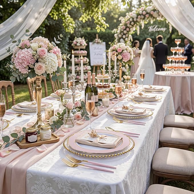 WDF 60pcs Pink Plastic Plates - 10.25inch Baroque Pink And Gold Disposable Dinner Plates for Upscale Parties -Special for Baby Shower/Birthday/Weddings