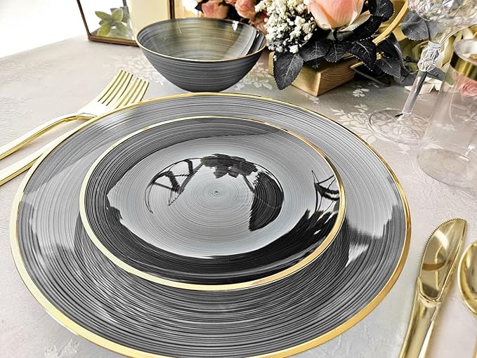 " OCCASIONS " 50 Plates Pack (25 Guests)-Wedding Party Disposable Plastic Plate Set -25 x 10'' Dinner + 25 x 7'' Salad & Dessert plates (Belize in Smoke Gray & Gold)