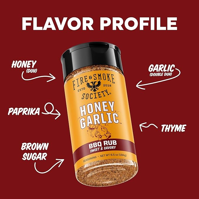 Fire & Smoke Society Honey Garlic BBQ Rub | Seasonings and Rubs for Smoking and Grilling | Pulled Pork Ribs Chicken, Burgers, Dry BBQ Rubs Spices | Honey Garlic, Brown | M 6.5 oz