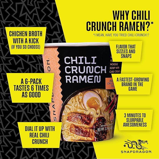 Snapdragon Chili Crunch Ramen Cup Noodles - 6 Pack Instant Ramen Bowl with Authentic Wheat Noodles, Soup Sauce Base, Vege Pack and Chili Crunch Oil. Microwave or Hot Water, Easy Meal Prep