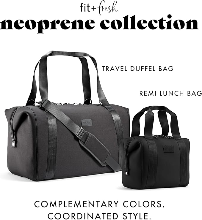 Fit & Fresh Remi Lunch Bag for Women Work – Neoprene Lunch Tote with Containers & Ice Pack, Reusable Meal Prep Lunch Box, Large Capacity, Machine Washable, Black