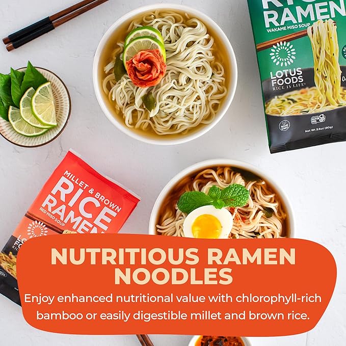 Lotus Foods Bulk Organic Rice Ramen with Miso Soup Variety Bundle - Jade Pearl, Millet & Brown Rice, Gluten Free Rice Ramen, Whole Grain Ramen Noodles - 2.8 oz Bags (Pack of 10)