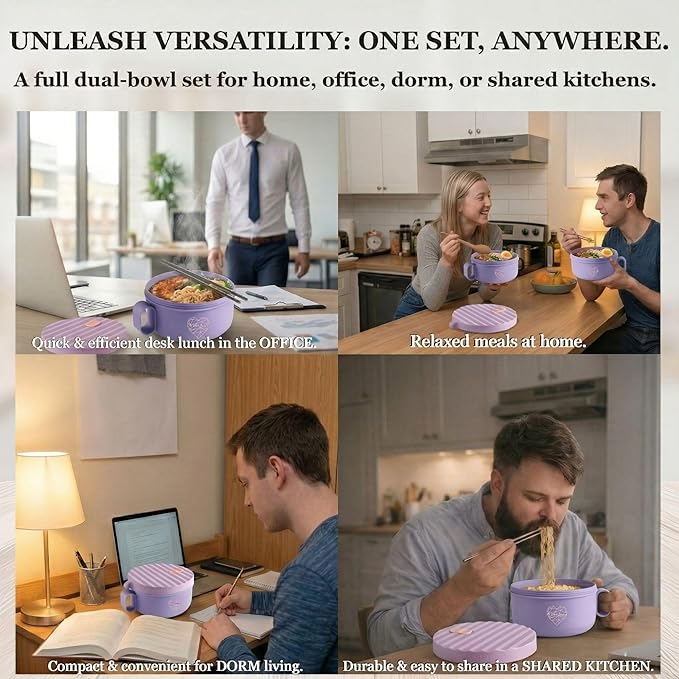 AI LOVE PEACE Ramen Bowls, 40 oz Large Microwavable Noodle Bowls (2 Purple) with Chopsticks, Sporks, and Utensil Bag, Portable Microwave Bowl for Home, Office, Dorm, or College Gift.