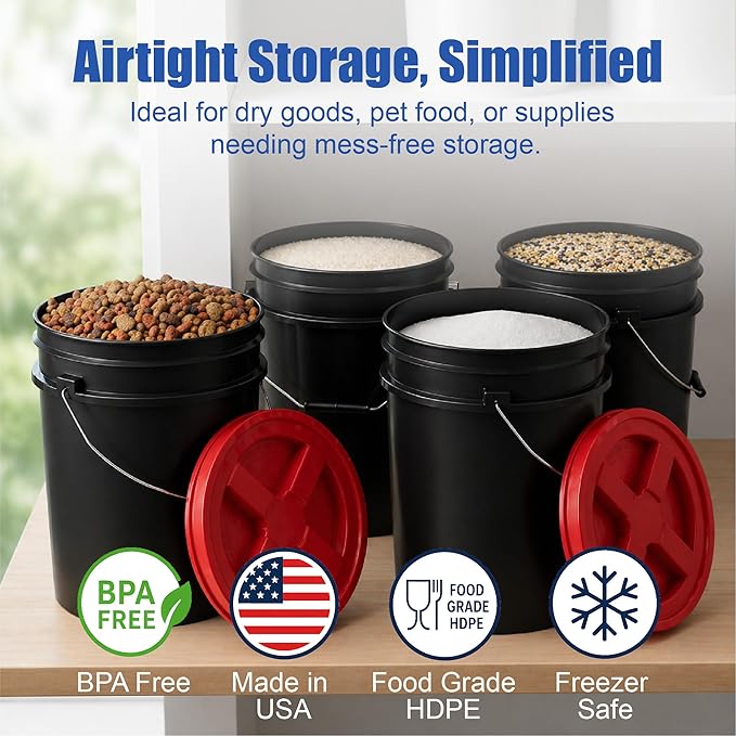 ePackageSupply 5 Gallon Bucket - Food Grade Bucket with Airtight Gamma Seal Screw-On Lid, BPA-Free, Heavy-Duty 90 Mil HDPE Plastic, Bulk Storage, Durable Container, Made in USA, Black/Red, 6 Packs