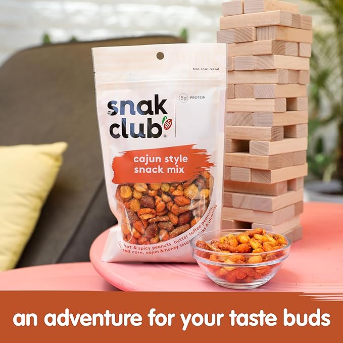Snak Club Cajun Style Snack Mix with Hot and Spicy Peanuts, Butter Toffee Peanuts, Toasted Corn, Cajun and Honey Sesame Sticks, and Almonds, Kosher Trail Mix Snacks, 15 oz Resealable Bag