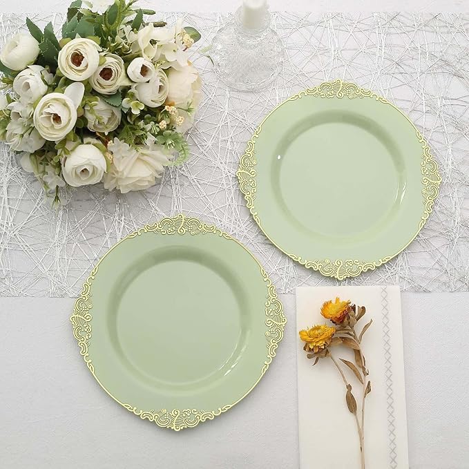 Efavormart 10 Pack | 8" Sage Green and Gold Baroque Dessert Plates, Leaf Embossed Metallic Rim Heavy Duty Appetizer Plates for Outdoor Garden Socials
