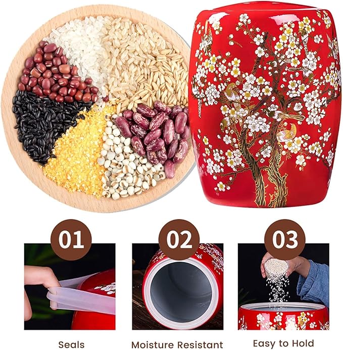 Large Ceramic Jar For Rice Ceramic Rice Bucket Ceramic Rice And Grain Storage Container With Lid Rice Containe Rice Storage Bins Rice Storage Box for Flour/Coffee/Nuts/Tea Moisture-Proof(Red,Capacity: