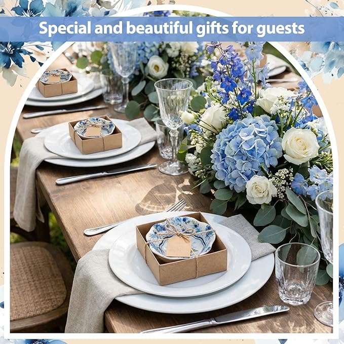 SiliFine 24 Pcs Wedding Favors for Guests Small Ceramic Bowl Bulk Gifts Set 3.3 Inch Floral Design Mini Dipping Sauce Dish with Card Box for Bridal Pooja Baby Shower Birthday (Rose,Blue)