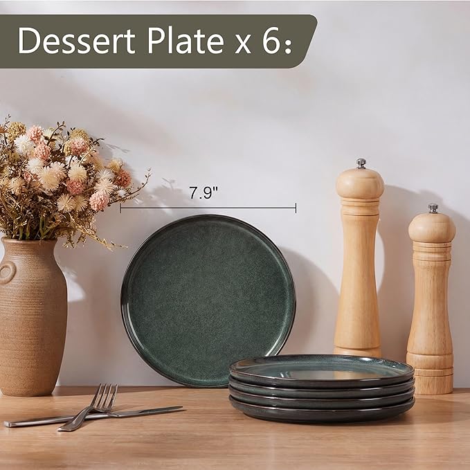 Herogo Ceramic 7.9 Inch Porcelain Dessert Plates Set of 6, Small Stoneware Dinner Plate Set, Double Reactive Glaze Large Dinnerware Plates for Kitchen, Microwave, Oven & Dishwasher Safe, Dark Green