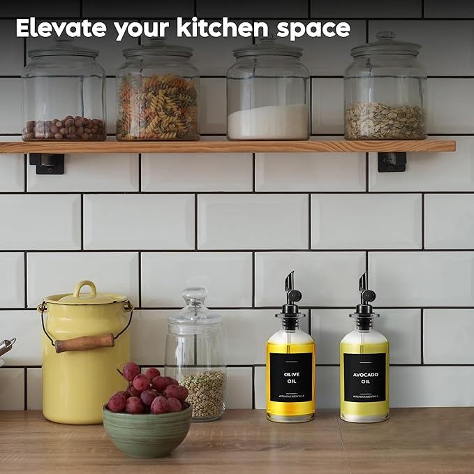 Spaceneat Oil Dispenser for Kitchen - Glass Olive Oil Bottle Set of 4 (11.8oz) with Black Weighted Self-Closing Pourer - Cooking Oil Dispenser with 66 Labels, Aligner & Funnel