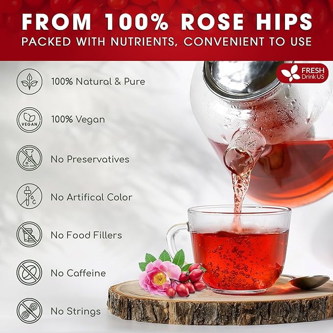 FreshDrinkUS, Premium 75 Rosehip Tea Bags, 100% Natural & Pure from Rose Hip Fruits. Loose Rosehip Herbal Tea. Made with Natural Material Tea Bags. No Sugar, No Caffeine, No Gluten, Vegan.