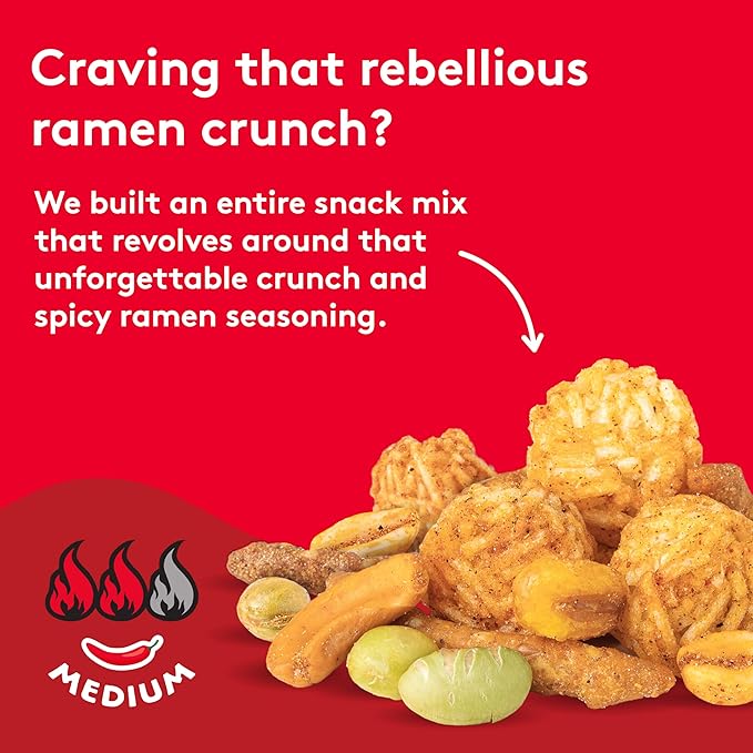 Snak Club Hot & Spicy Ramen Flavored Snack Mix, Crunchy Ramen Pieces, Toasted Corn, Sesame Sticks, Peanuts, Cashews, Edamame, Roasted Green Peas, 8 oz Resealable Bag
