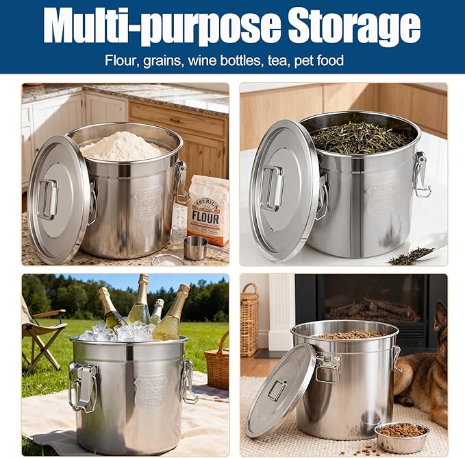 3.17Gal/12L Stainless Steel Airtight Canister, Airtight Food Storage Container with Lid and Lock Clips, 304 Stainless Steel Bucket for Rice, Flour, Grain, Coffee Bean