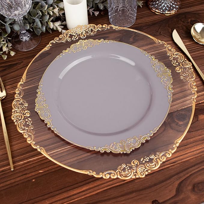 Efavormart 10 Pack | 10" Lavender and Gold Baroque Dinner Plates, Leaf Embossed Metallic Rim Heavy Duty Serving Plates for Whimsical Weddings