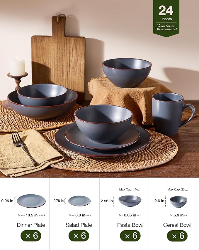 Famiware Venus Stoneware Dinnerware Sets with Pasta Bowls for 6, 24-Piece Speckled Plates and Bowls with Trim, Matte Charcoal - Chip‑Resistant Dishes for Everyday/Formal Use, Microwave/Dishwasher Safe