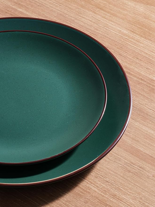 Famiware Venus Plates and Bowls Sets with Trim, 24 Pieces Speckled Stoneware Dinnerware Set for 8, Matte Dark Green - Microwave & Dishwasher Safe, Modern Minimalist, Dishes for Everyday & Formal Use