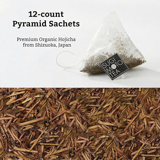 SUGIMOTO TEA Japanese Organic Hojicha Roasted Green Tea Bags 12 Count