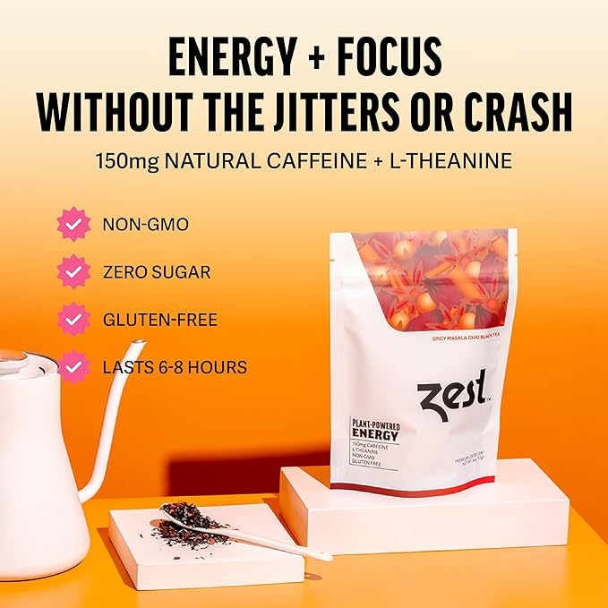 Zest Energy Black Tea - Spicy Masala Chai Loose Leaf Blend - High Caffeine Cardamom Ginger Tea with Cinnamon - Caffeinated Coffee Altnernative - Natural, Non-GMO & Keto - 50 Servings - 150mg Caf