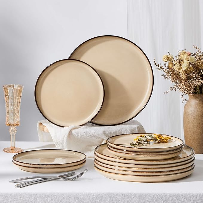 Herogo Ceramic 10.43 Inch Dinner Plates Set of 4, Stoneware Dinnerware Plate Set, Double Reactive Glaze Large Dinnerware Plates for Kitchen, Microwave, Oven & Dishwasher Safe, Cream Khaki