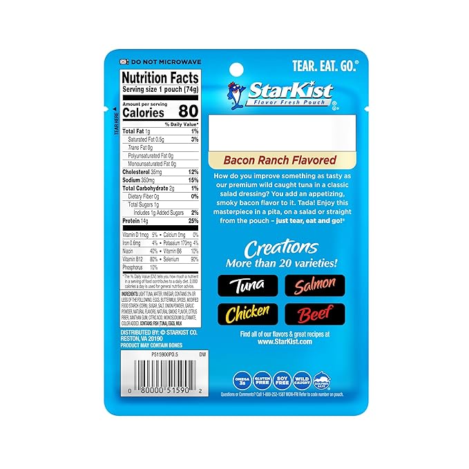 StarKist Tuna Creations Bacon Ranch Pouch (2.6 oz - 1 Pack) Wild Caught, High Protein Shelf Stable Seafood, Gluten Free, Soy Free, Kosher, No Draining, Ready to Eat for Salads and Sandwiches