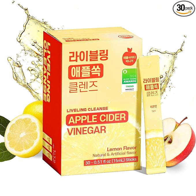 [Liveling] Apple Cider Vinegar Drink Stick with 7,500mg ACV – Lemon Flavor | Supports Digestion, Daily Cleanse, Sugar-Free, Low-Calories, Portable On-The-Go Packets (30 sticks)