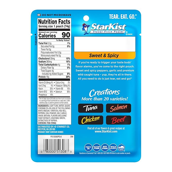 StarKist Tuna Creations Sweet and Spicy Pouch (2.6 oz - 12 Pack) Wild Caught, High Protein Shelf Stable Seafood, Gluten Free, Soy Free, No Draining, Ready to Eat for Salads and Sandwiches
