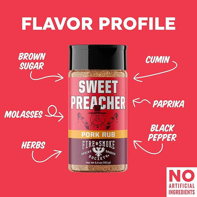 Fire & Smoke Society Sweet Preacher BBQ Rub | Pork Seasoning for Smoking and Grilling Meat, Pulled Pork Ribs Chops | Poultry, Chicken, Beef | M 5.4 oz