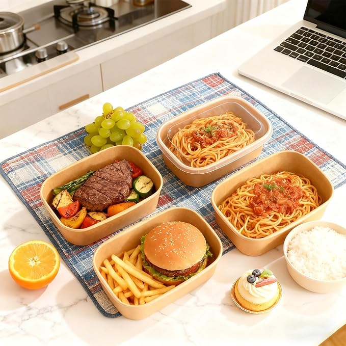 50 Pack Disposable Meal Prep Containers, 22oz Disposable Large Paper Bowls with Lids and Forks for Salad, Noodles, Freezer and Microwavable Storage Use Cardboard Food Containers