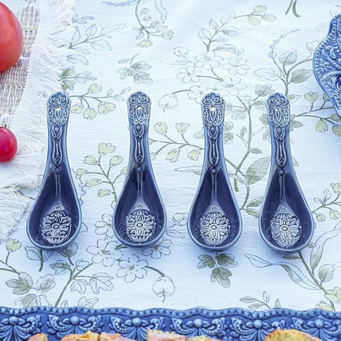 Sungmor Embossed Stoneware Fine Dining Dinnerware, Antique Baroque Style Porcelain 5.5 Inch Soup Spoons, Set of 4 Blue Ceramic Chinese Spoons, Asian Style Spoon for Miso Soup, Ramen, Dumpling