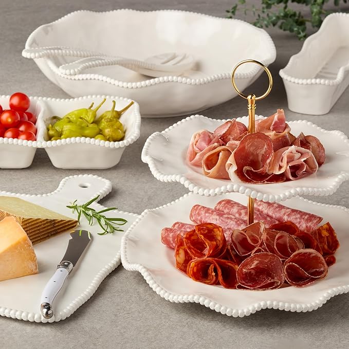 Perlette Cream Beaded Salad Plates - Set of 4, 9" Chic Melamine Dinnerware, Unbreakable & Elegant for Indoor/Outdoor Dining, Appetizers, Desserts & Stylish Table Settings. Perfect for gift-giving.