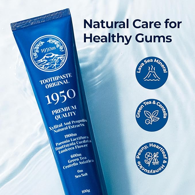 1950 Mineral Salt Blue Toothpaste - Jeju Lava Seawater Salt with Hydroxyapatite for Sensitive Teeth, Gum Care,Brightening, Reminaeralizing, Green Tea Freshness, Fluoride Free, SLS Free (3.5 oz)