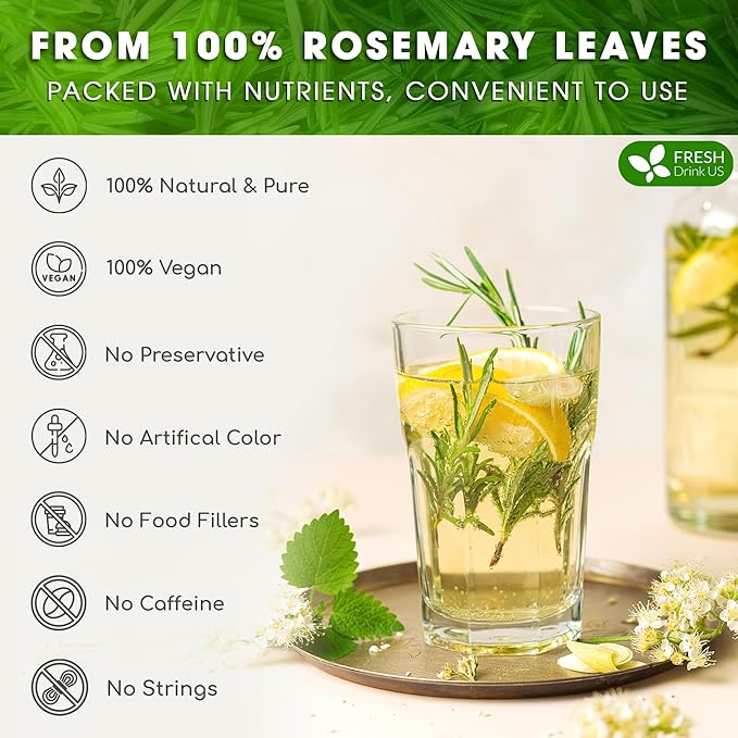 FRESHDRINKUS, Premium 100 Rosemary Leaf Tea Bags, 100% Natural and Pure Rosemary Dried Leaves, Pure Rosemary Herbal Tea, No Additives, No Caffeine, No Gluten, Vegan.
