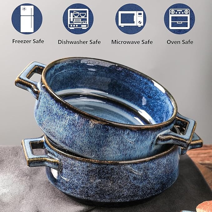 vicrays Ceramic Soup Bowls with Handles, 24 Oz Porcelain Soup Crocks for French Onion Soup, Cereal, Beef Stew, Chill, Pasta, Pot Pies, Microwave and Oven Safe, Set of 4 (Blue)