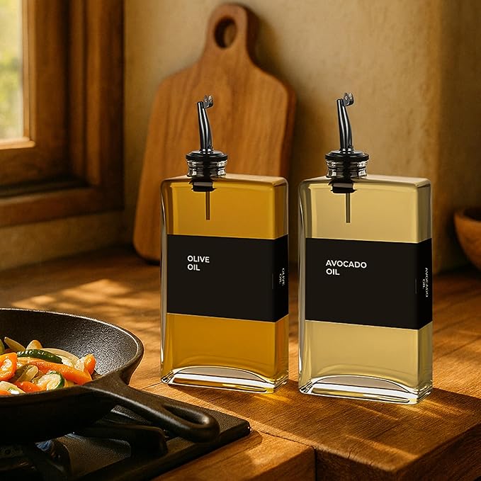 Spaceneat Olive Oil Dispenser Bottle - Includes 44 Kitchen Essential Labels - Cooking Oil Bottles for Kitchen, Coffee Syrup Dispenser - Pourer Spout with 11.8 fl oz Glass Container Cruet - 2pcs, Black