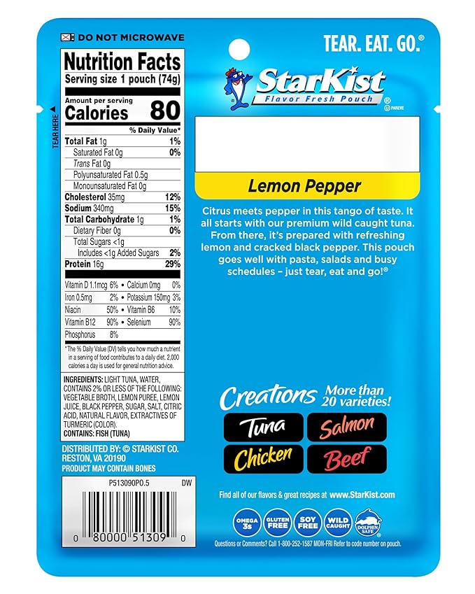 StarKist Tuna Creations Lemon Pepper Pouch (2.6 oz - 24 Pack) Wild Caught, High Protein Shelf Stable Seafood, Gluten Free, Soy Free, No Draining, Ready to Eat for Salads and Sandwiches