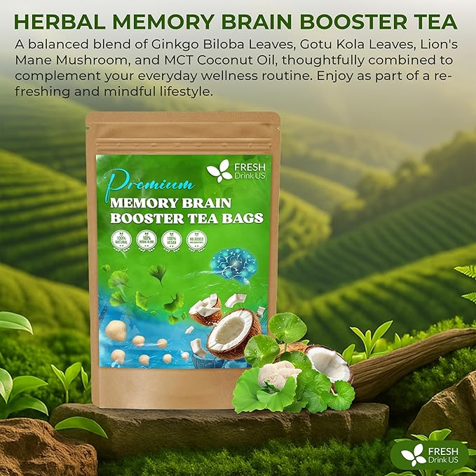 FreshDrinkUS, Memory Brain Booster Tea Bags | 75 Count | Ginkgo Biloba, Gotu Kola, Lion’s Mane Mushroom, MCT Coconut Oil | Herbal Blend Tea Bags | Naturally Flavorful, No Additives, Caffeine-Free
