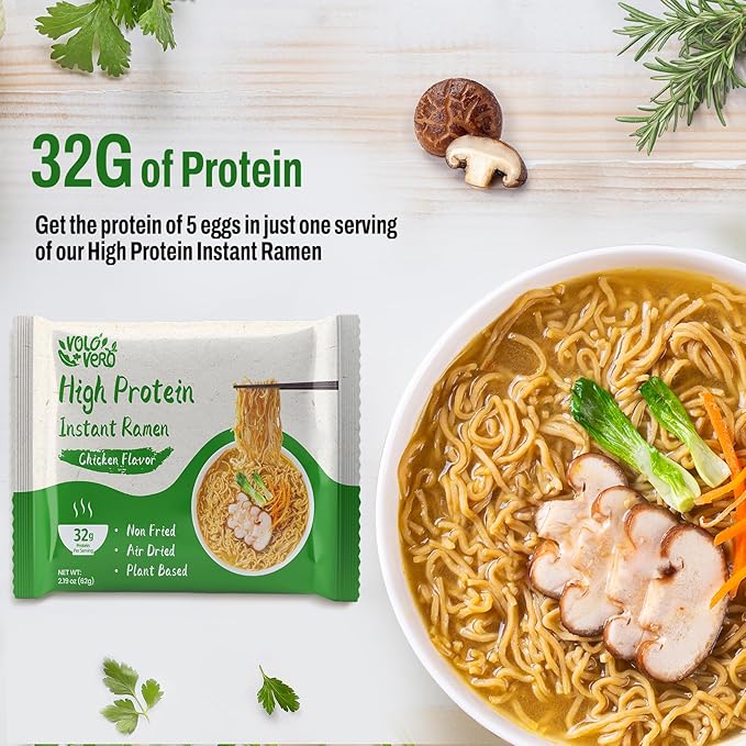 VOLO VERO High Protein (32g) Instant Ramen Noodles Soup Chicken Flavor, 8 Packs, Vegan, Plant-Based, Non-Fried, Low Carb, Low Fat, Egg-Free, Dairy Free Healthy Asian Meal