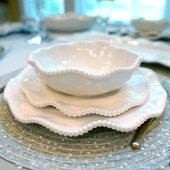 Perlette Cream Beaded Salad Plates - Set of 4, 9" Chic Melamine Dinnerware, Unbreakable & Elegant for Indoor/Outdoor Dining, Appetizers, Desserts & Stylish Table Settings. Perfect for gift-giving.