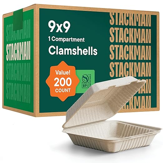 [Bulk - 200-Count] 100% Compostable to Go Containers 9x9" Clamshell Take Out Food Container with Hinged Lid - Disposable Togo Plates - Biodegradable Eco-Friendly Takeout Box Made of Sugar Cane Bagasse
