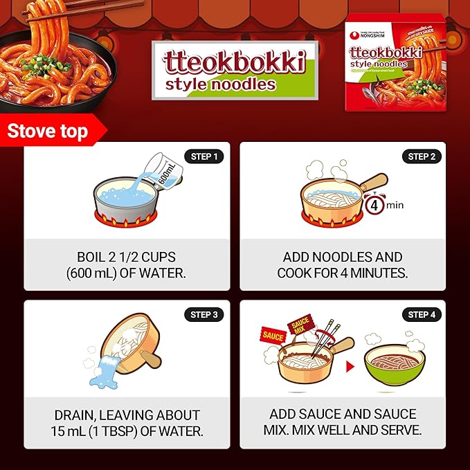 Nongshim Tteokbokki Style Noodles, Sweet and Spicy Sauce, Korean Instant Noodles, Wheat Stir Fry Style Noodles, Korean Street Food-Inspired Flavor, 9.17 oz (Pack of 10)