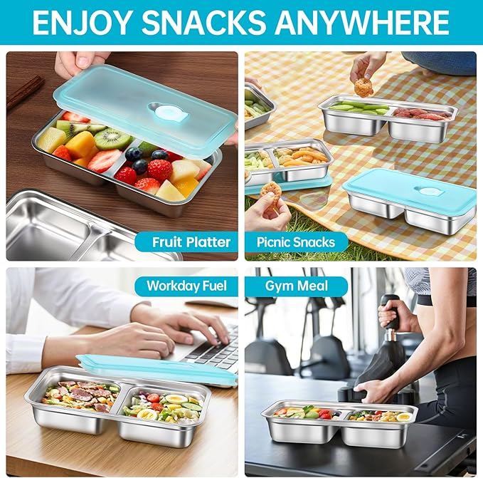 4 Pack Stainless Steel Snack Containers Reusable, Grab and Go 2 Compartment Food Storage Meal Prep Containers with Lids Stackable for Travel Camping School Lunch, Gifts for Gym Home Cooks (4, Blue)