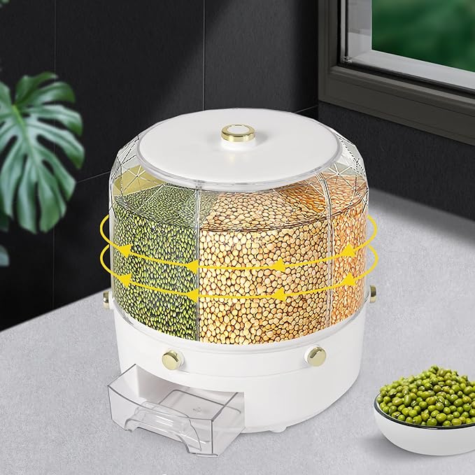 Grain and Rice Dispenser with 6 Compartments, Rotating Grain Storage Bin 6 Grids Rice Container, Kitchen Dry Food Storage Container or Pet Food Sealed Organizer
