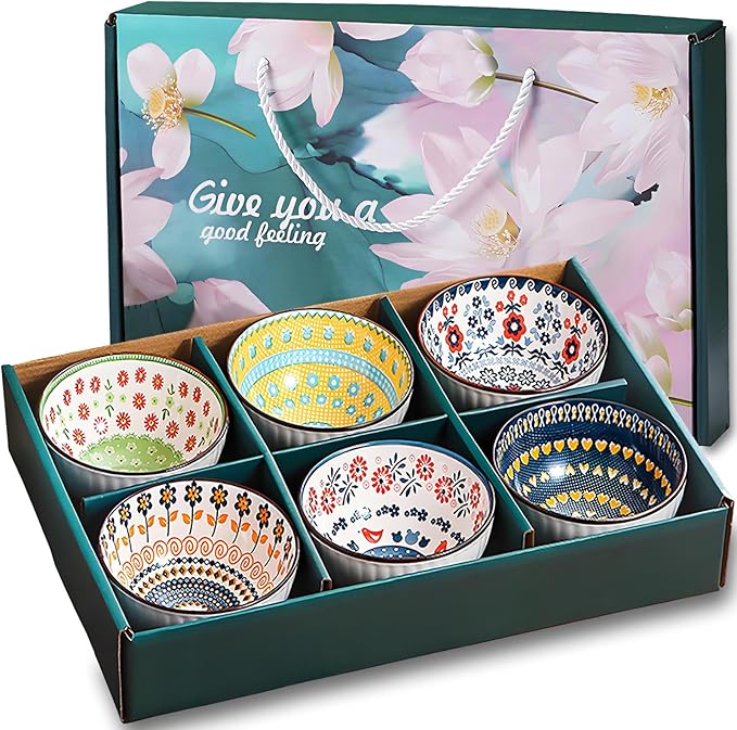 Rice Bowls 10oz, Japanese Style Bowls Set of 6 with Gift Box - Ceramic Bowls for Soup, Dessert, Ice Cream, Snack - Kitchen Gifts for Women Christmas Gift