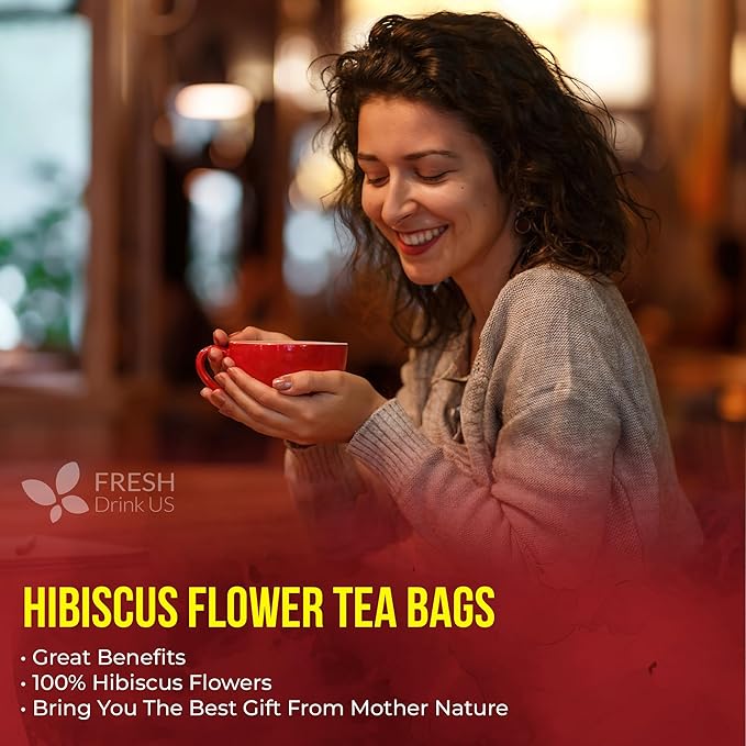 FRESHDRINKUS 140 Hibiscus Flowers Tea Bags, 100% Natural, Pure from Hibiscus Flowers. Loose Flower Hibiscus Herbal Tea. Hibiscus Flower Tea. No Sugar, No Caffeine, No Gluten, Vegan.